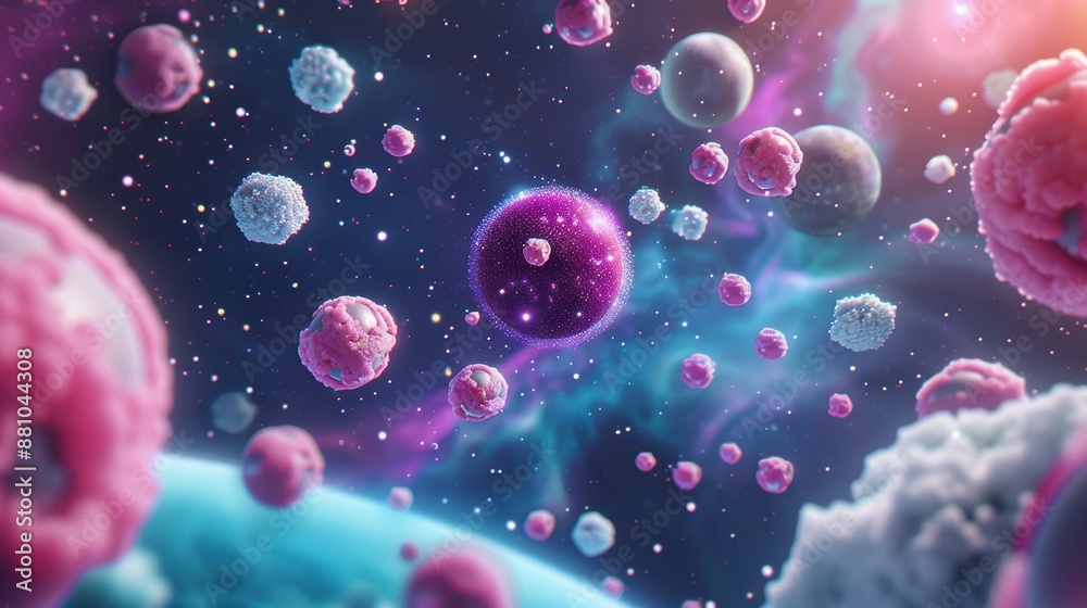 A cosmic landscape featuring surreal nanotechnology experiments amidst celestial bodies A cosmic landscape featuring surreal nanotechnology experiments amidst celestial bodies