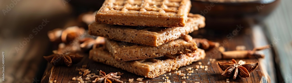 A detailed shot of a Belgian speculoos, with its spiced, crunchy texture, arranged on a traditional wooden board with soft, natural lighting A detailed shot of a Belgian speculoos, with its spiced, crunchy texture, arranged on a traditional wooden board with soft, natural lighting