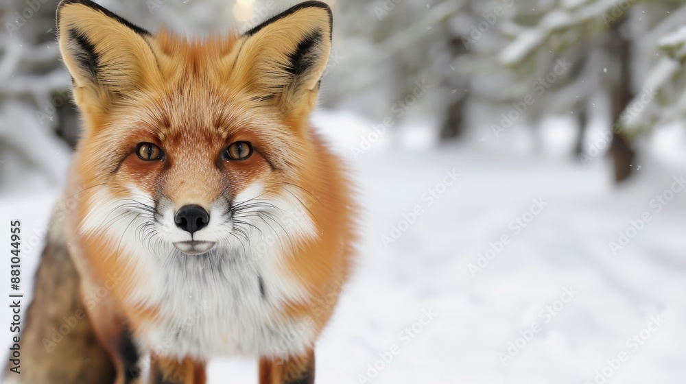 Fototapeta premium A cute red fox with fluffy fur standing alert in the snow