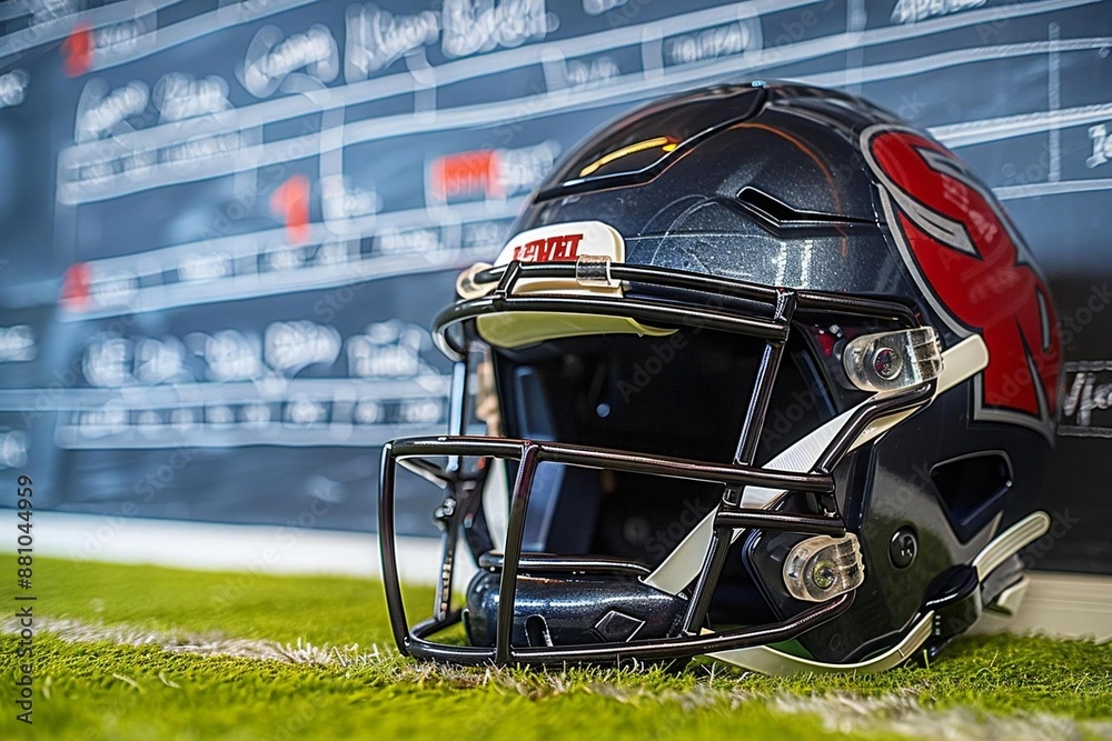 close-up shot of a sport helmet in front of a chalkboard covered in football play strategies, emphasizing the planning and tactics involved in the game. close-up shot of a sport helmet in front of a chalkboard covered in football play strategies, emphasizing the planning and tactics involved in the game.