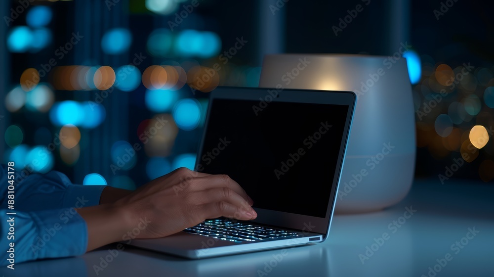 A focused office worker typing on a laptop late into the night, illustrating their determination to meet deadlines, hyper-realistic, cinematic photography A focused office worker typing on a laptop late into the night, illustrating their determination to meet deadlines, hyper-realistic, cinematic photography