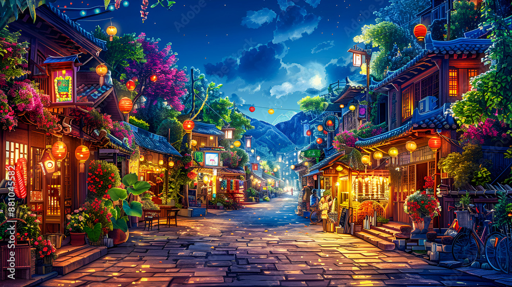 Fototapeta premium Magical Nighttime Street Scene with Lanterns