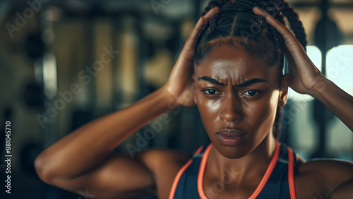 Black female trainer or gym staff struggling with head in hands, copy space 