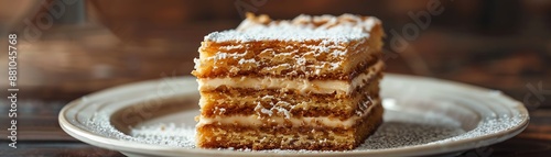 A detailed shot of a Russian honey cake, with its layered, honeyflavored sponginess, arranged on a traditional plate with soft, natural lighting photo