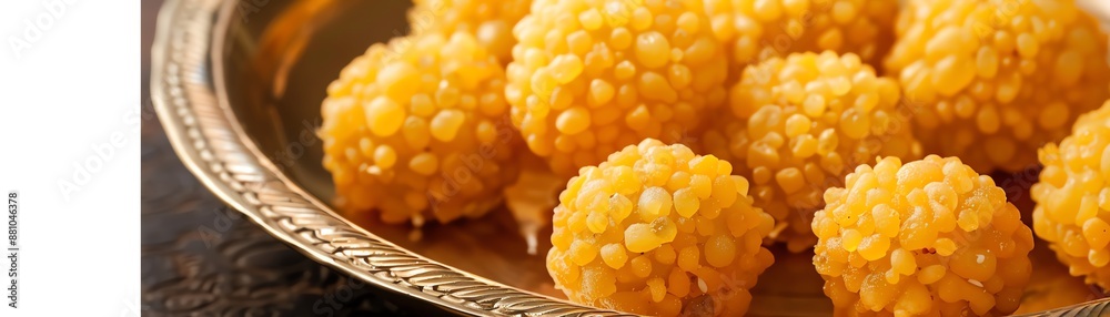 A detailed shot of freshly made boondi laddu, golden and crumbly, placed on a traditional brass plate with soft, natural lighting highlighting their texture A detailed shot of freshly made boondi laddu, golden and crumbly, placed on a traditional brass plate with soft, natural lighting highlighting their texture