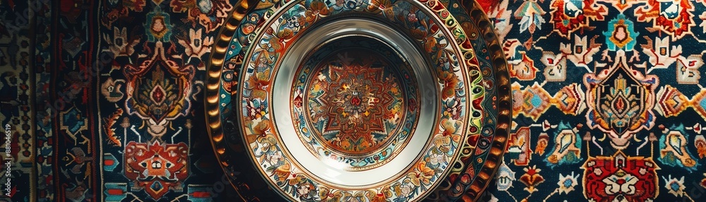 Obraz premium A detailed shot of Iranian zoolbia, with its intricate, syrupsoaked patterns, arranged on a traditional plate against a Persian carpet backdrop with soft lighting