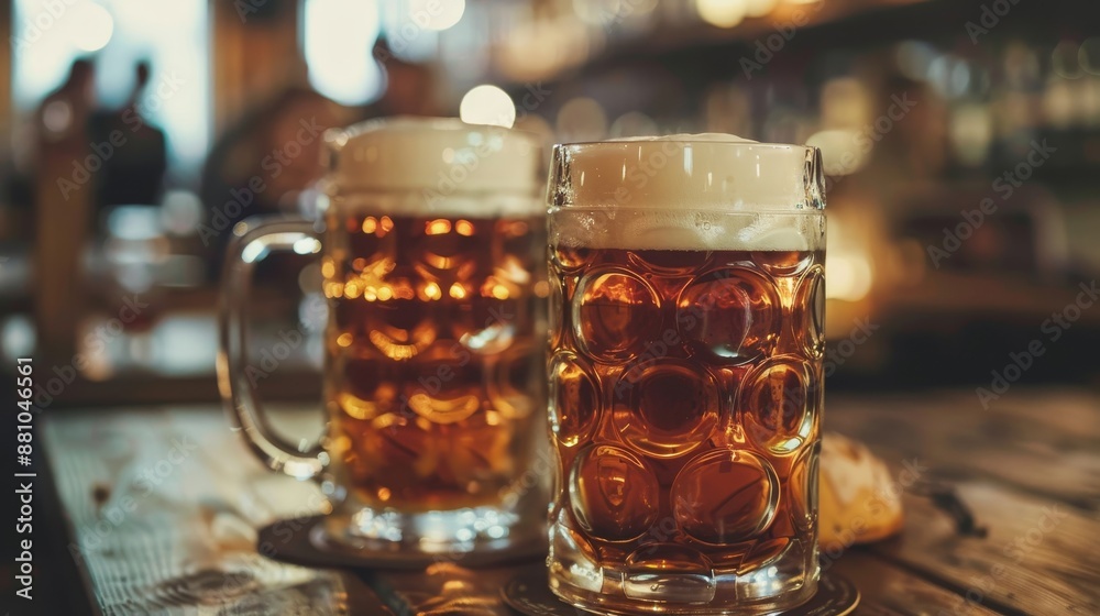 Two mugs of beer on a wooden table Two mugs of beer on a wooden table