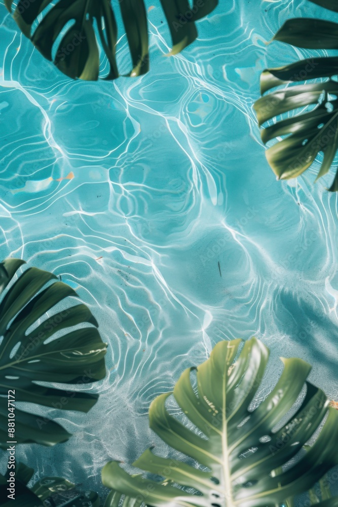 Large green tropical monstera deliciosa leaves over blue pool water, copy space Large green tropical monstera deliciosa leaves over blue pool water, copy space