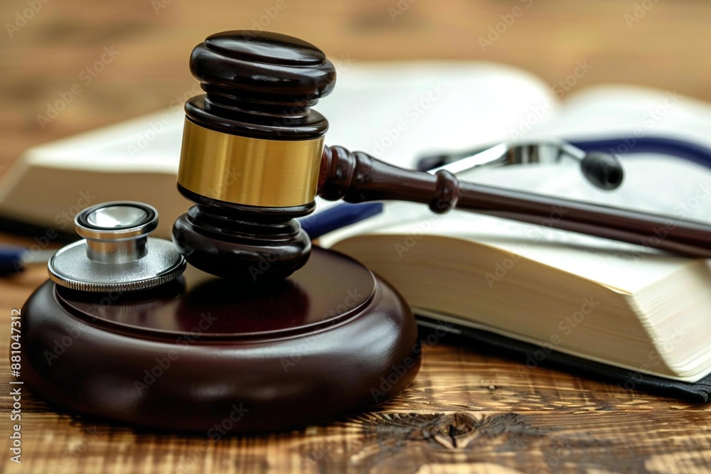 Close-up of a gavel and stethoscope resting on an open book on a wooden table, symbolizing the intersection of law and medicine. Close-up of a gavel and stethoscope resting on an open book on a wooden table, symbolizing the intersection of law and medicine.
