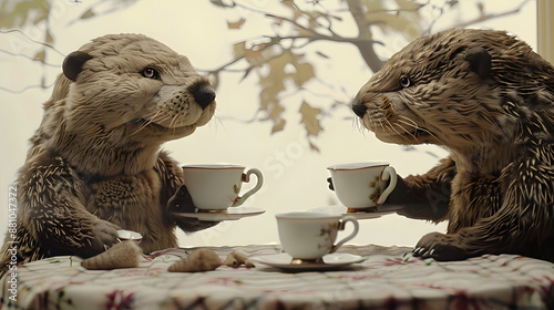 Two stuffed animals sitting around a table with cups of tea or coffee. Staged scene of tea drinking between otters. Interior decoration with taxidermy of martens for exhibition. Illustration. photo