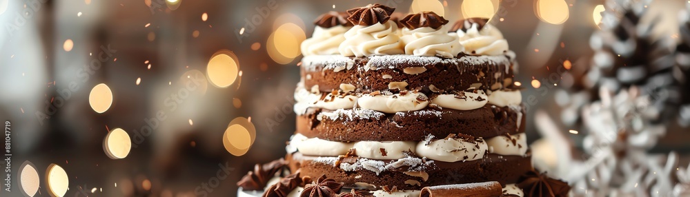 A dynamic image of a gingerbread latte cake, with its spiced layers and creamy frosting, set against a cozy, wintery backdrop with warm lighting A dynamic image of a gingerbread latte cake, with its spiced layers and creamy frosting, set against a cozy, wintery backdrop with warm lighting
