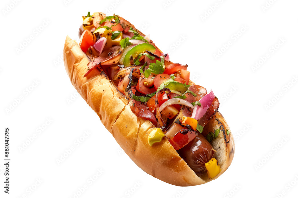 Classic Tex-Mex hot dog with ketchup and mustard on a soft bun a isolated on white transparent background. Classic Tex-Mex hot dog with ketchup and mustard on a soft bun a isolated on white transparent background.