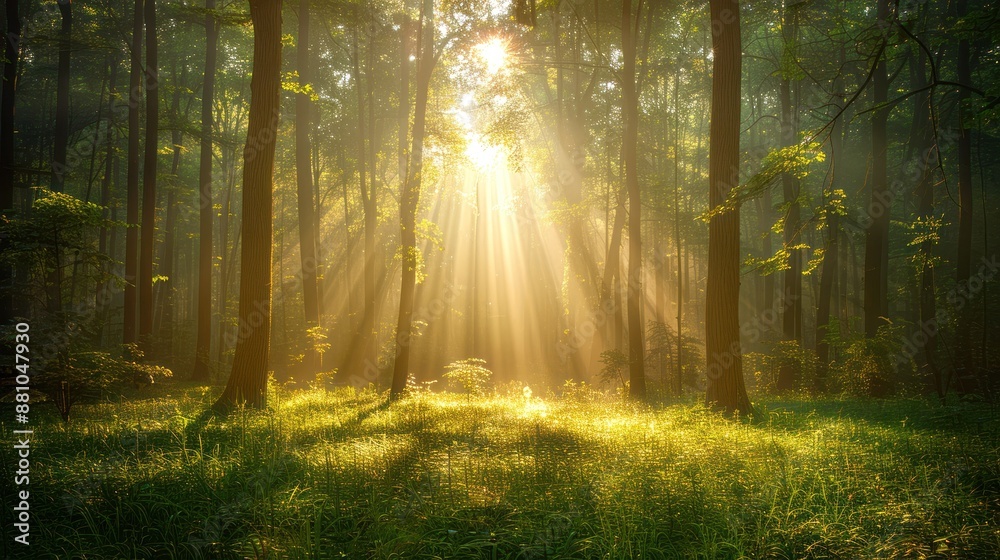 Fototapeta premium Serene forest scene with sunlight filtering through tall trees, casting beautiful rays and shadows on the lush greenery below.