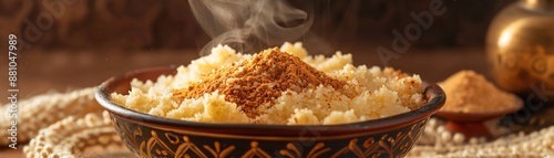 A dynamic image of a Moroccan seffa, with its sweet, fluffy couscous and cinnamonsugar topping, set against a traditional Moroccan backdrop with warm lighting photo