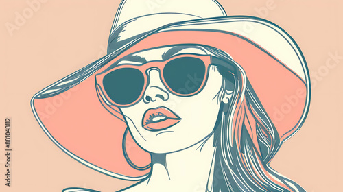 Retro glamour. Vector illustration of a beautiful woman wearing a hat and sunglasses in a retro style. photo
