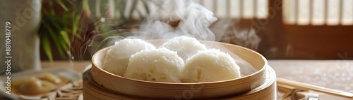 A dynamic image of freshly steamed manju, with a fluffy exterior and creamy filling, placed on a bamboo steamer with steam rising and natural lighting highlighting the texture photo