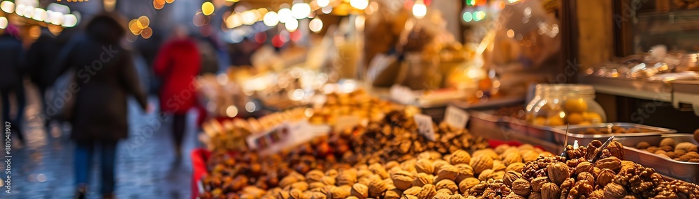 A dynamic image of Georgian gozinaki, with its honeysoaked walnut pieces, set against a bustling market backdrop with warm lighting A dynamic image of Georgian gozinaki, with its honeysoaked walnut pieces, set against a bustling market backdrop with warm lighting