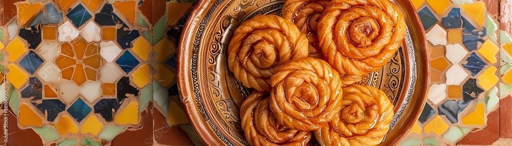 Fototapeta premium A dynamic image of Moroccan chebakia, with its intricate, honeysoaked pastry spirals, placed on a traditional ceramic plate against a colorful mosaic background