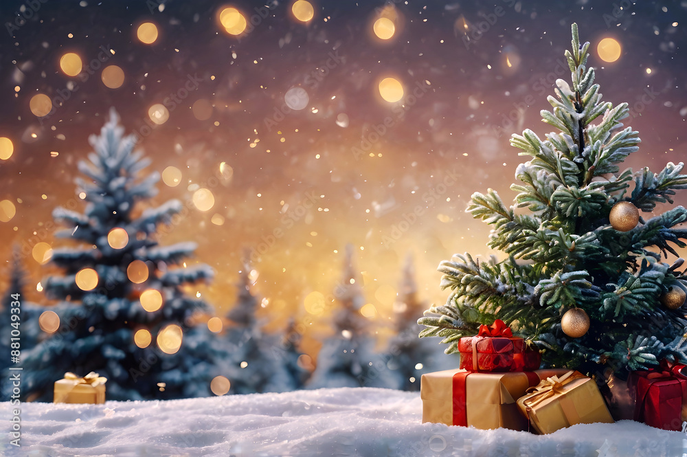 Christmas tree and gifts on the snow, forest on the background. Magical snowy new year eve, festive, magic winter holidays template for design, greeting postcard with copy space.
Christmas tree and gifts on the snow, forest on the background. Magical snowy new year eve, festive, magic winter holidays template for design, greeting postcard with copy space.