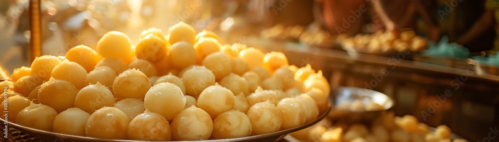 A dynamic shot of freshly made rasgulla, with their golden color and intricate patterns, set against a bustling street food market backdrop with warm, ambient lighting