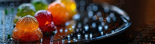 A luxurious closeup of a beautifully crafted Japanese wagashi sweet, showing intricate details and vibrant colors, placed on a black lacquer plate with soft, ambient lighting photo