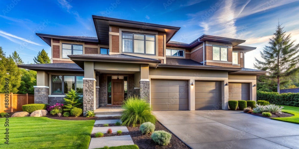 Fototapeta premium Modern Home Exterior with Stone Accents and Lush Landscaping, modern home, landscaping, exterior design, real estate , house