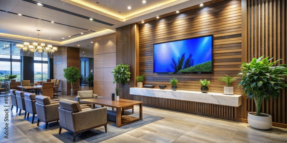 Modern Lounge with Wooden Walls and a Flat Screen TV, wide shot, living room, interior design, hotel lobby, contemporary furniture, wood paneling Modern Lounge with Wooden Walls and a Flat Screen TV, wide shot, living room, interior design, hotel lobby, contemporary furniture, wood paneling