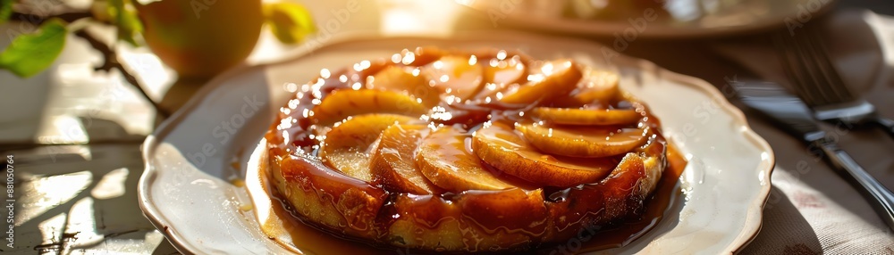 A luxurious image of a French tarte tatin, with its caramelized apple topping and flaky crust, served on an elegant porcelain plate with a soft, Parisian backdrop A luxurious image of a French tarte tatin, with its caramelized apple topping and flaky crust, served on an elegant porcelain plate with a soft, Parisian backdrop