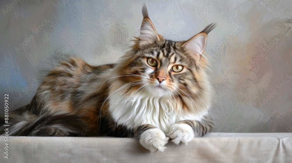 Norwegian Forest Cat poses against pale grey backdrop Norwegian Forest Cat poses against pale grey backdrop