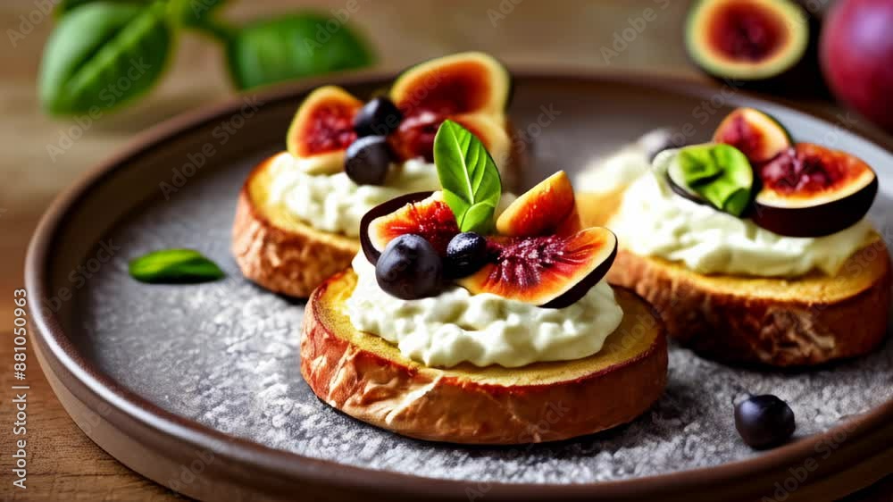 Delicious fig and cream cheese appetizers on a rustic plate Delicious fig and cream cheese appetizers on a rustic plate