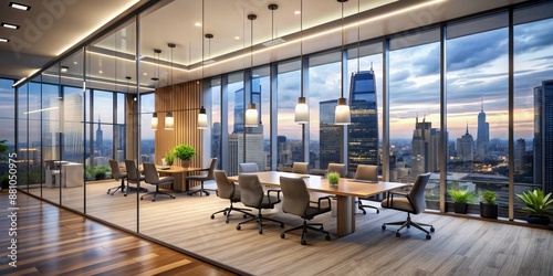 Wallpaper Mural Modern Office Meeting Room with City Skyline View, 3D Rendering, Interior Design, Glass Walls, Conference Table, Cityscape, Office Space Torontodigital.ca