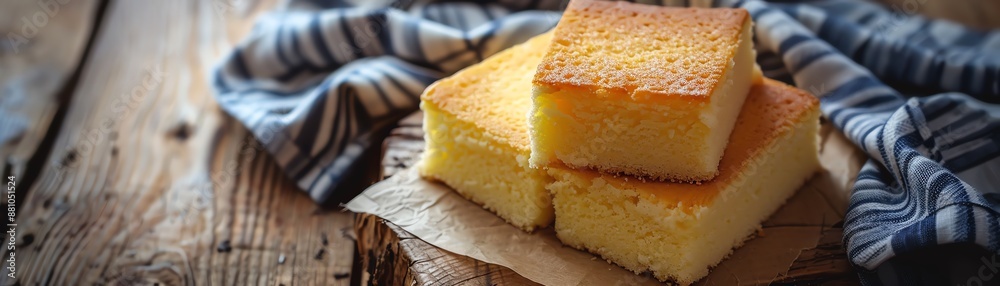 A luxurious image of castella cake, showing its fluffy, golden texture, set against a rustic wooden table with natural lighting A luxurious image of castella cake, showing its fluffy, golden texture, set against a rustic wooden table with natural lighting