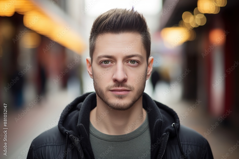 A man with a beard and a black hoodie is standing in front of a building A man with a beard and a black hoodie is standing in front of a building