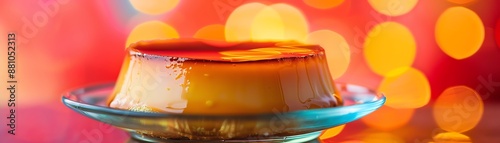 A luxurious image of Spanish flan, with its smooth, carameltopped surface, served in a stylish glass dish against a bright, colorful background photo