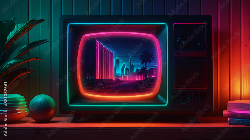 Retro wave 80s background. Old TV on wooden shelf, colorful neon lights Retro wave 80s background. Old TV on wooden shelf, colorful neon lights