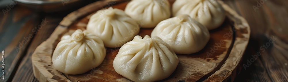 A refined closeup of Kyrgyz manty, showing its steamed dumpling dough and savory filling, placed on a traditional wooden board with soft lighting A refined closeup of Kyrgyz manty, showing its steamed dumpling dough and savory filling, placed on a traditional wooden board with soft lighting