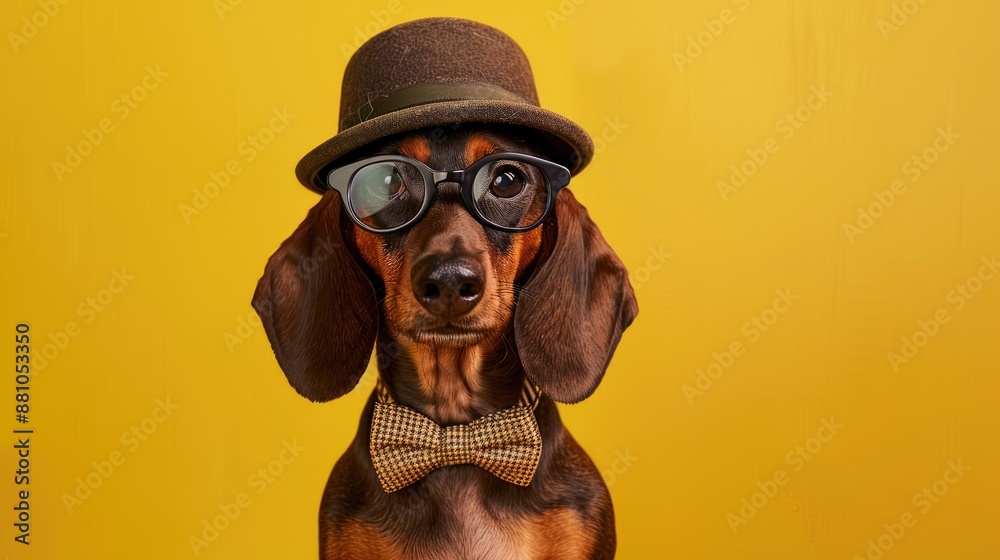 Cute dachshund dog with bowtie glasses and hat on yellow backdrop
