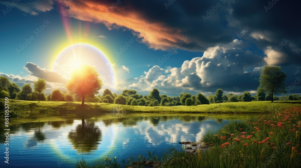 Bright rainbow over springtime countryside Bright rainbow over springtime countryside