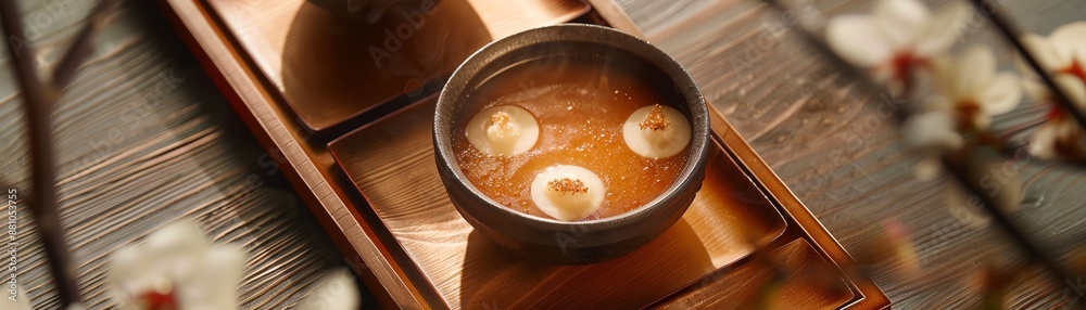 A topdown shot of a beautifully plated Japanese zenzai dessert, with warm red bean soup and toasted mochi, placed on a traditional wooden tray with soft, ambient lighting A topdown shot of a beautifully plated Japanese zenzai dessert, with warm red bean soup and toasted mochi, placed on a traditional wooden tray with soft, ambient lighting