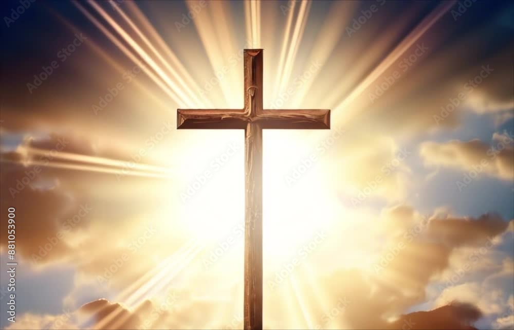 Christian cross with heavenly sunshine behind. Blue sky with clouds and sun rays. Symbol of Christianity Christian cross with heavenly sunshine behind. Blue sky with clouds and sun rays. Symbol of Christianity