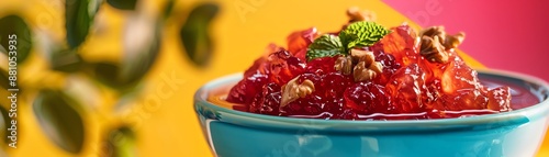 A vibrant image of Georgian pelamushi, with its grape juice jelly and walnut garnish, served in a traditional bowl against a bright, colorful background photo