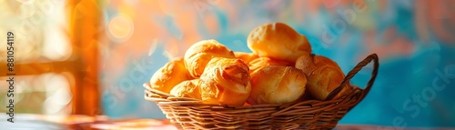 A vibrant image of Kazakh shelpek, with its round, fried bread pieces, arranged in a wicker basket against a bright, colorful background with natural lighting photo