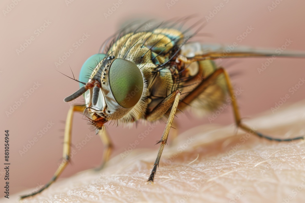 A detailed macro shot of a horsefly feeding on human skin, highlighting the insects intricate features on the eyes. In the background you can see the texture of the skin with fine hairs. A detailed macro shot of a horsefly feeding on human skin, highlighting the insects intricate features on the eyes. In the background you can see the texture of the skin with fine hairs.