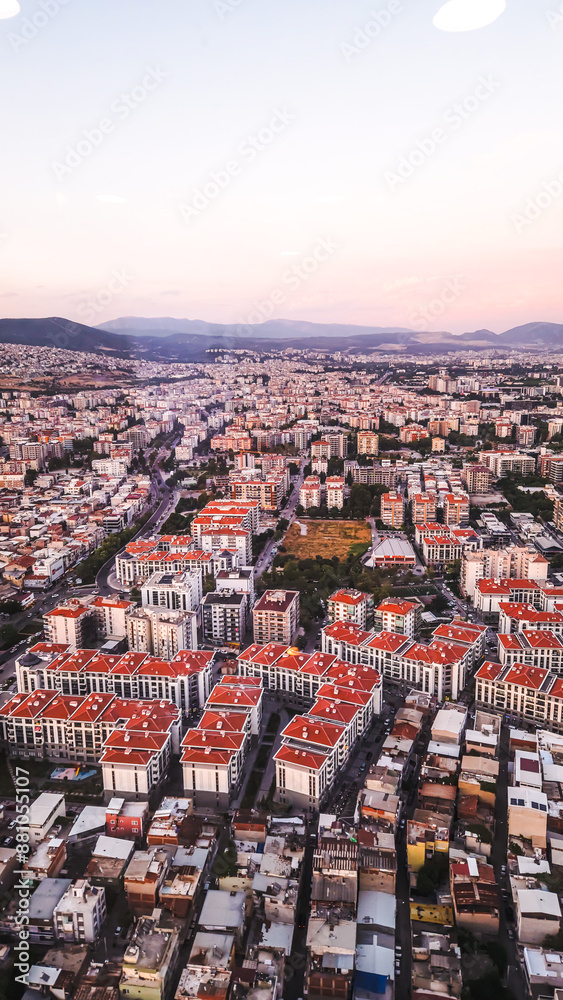 Fototapeta premium An aerial bird's eye view of Izmir at sunset