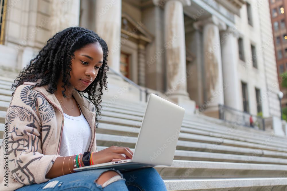 Black woman on university steps, engaging in online learning with a laptop