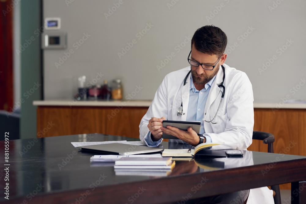 Typing, doctor and man at desk, tablet and research for diagnosis, healthcare and online reading for info. Person, physician and professional with technology, digital app for schedule or medical news Typing, doctor and man at desk, tablet and research for diagnosis, healthcare and online reading for info. Person, physician and professional with technology, digital app for schedule or medical news