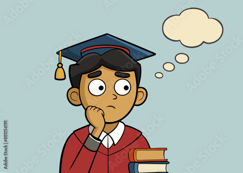 A college student thinking with an intrigued face, cartoon style, looking for a good idea vector illustration 