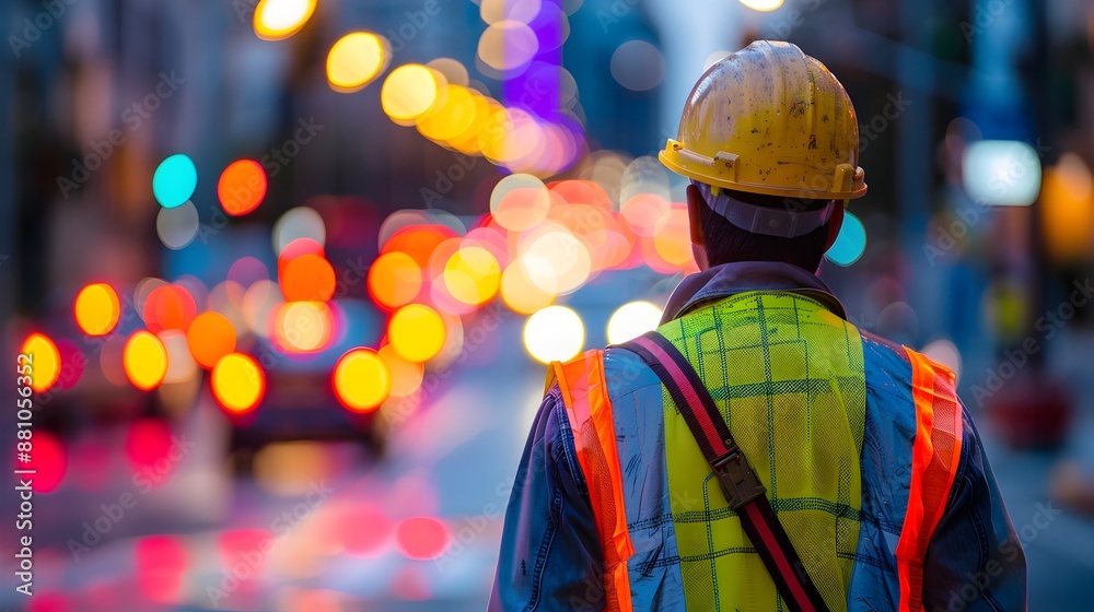 Construction Worker Wearing Safety Gear in Illuminated Urban Backdrop Construction Worker Wearing Safety Gear in Illuminated Urban Backdrop