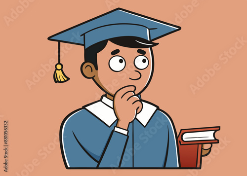 A college student thinking with an intrigued face, cartoon style, looking for a good idea vector illustration 