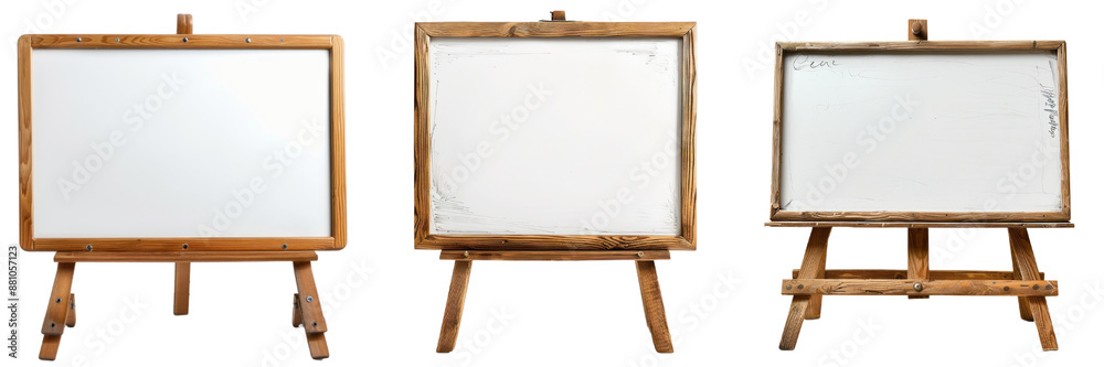 Set of three wooden framed blank whiteboards on stands, ready for customization or presentation, isolated on white background. Set of three wooden framed blank whiteboards on stands, ready for customization or presentation, isolated on white background.